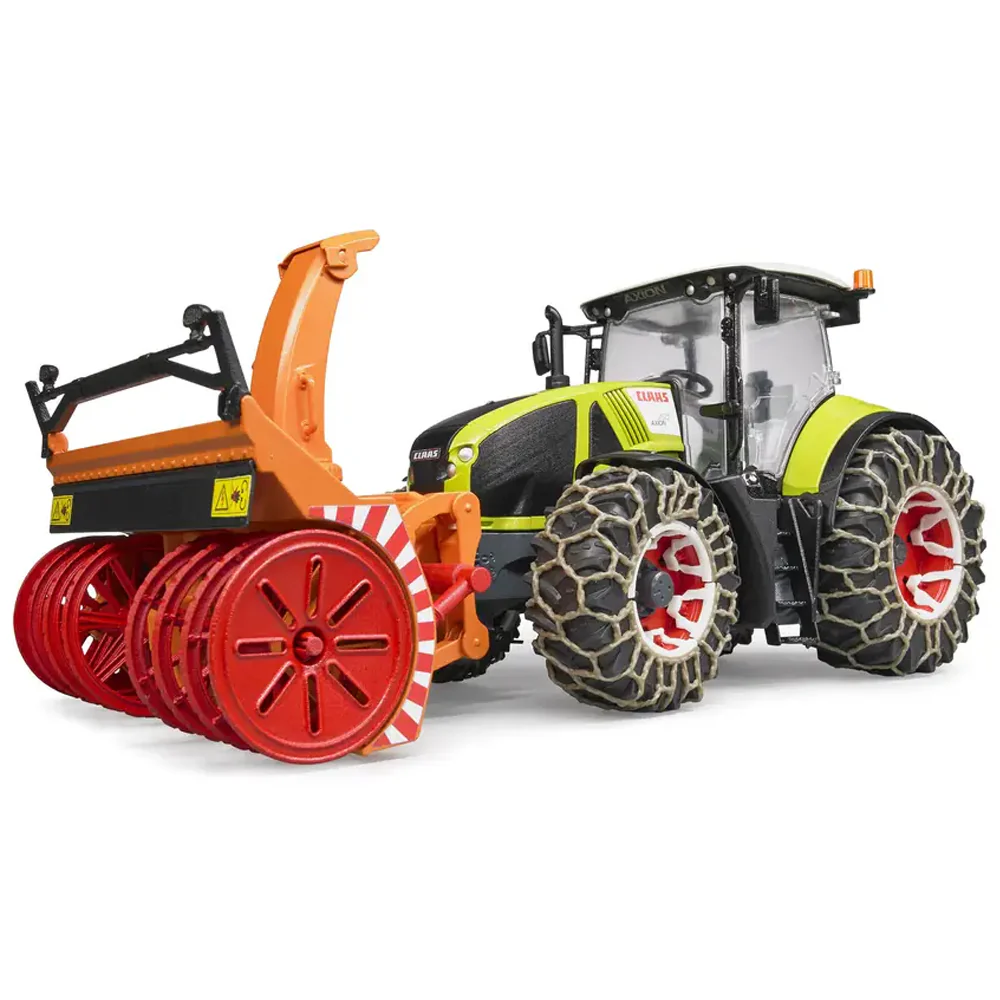Bruder Claas Axion 950 con catene da neve e turbina da neve