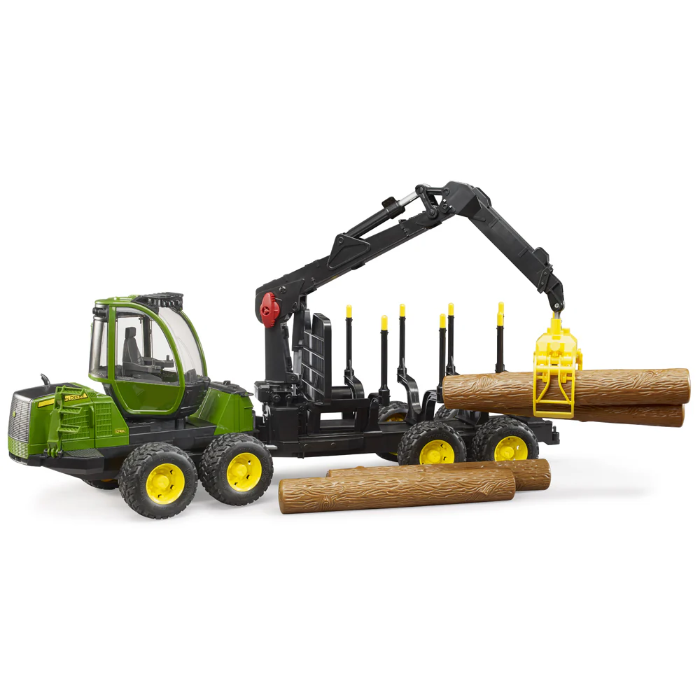 Trattore Forestale John Deere 1210E a 4 Assi con Gru Rotante e Tronchi Giocattolo